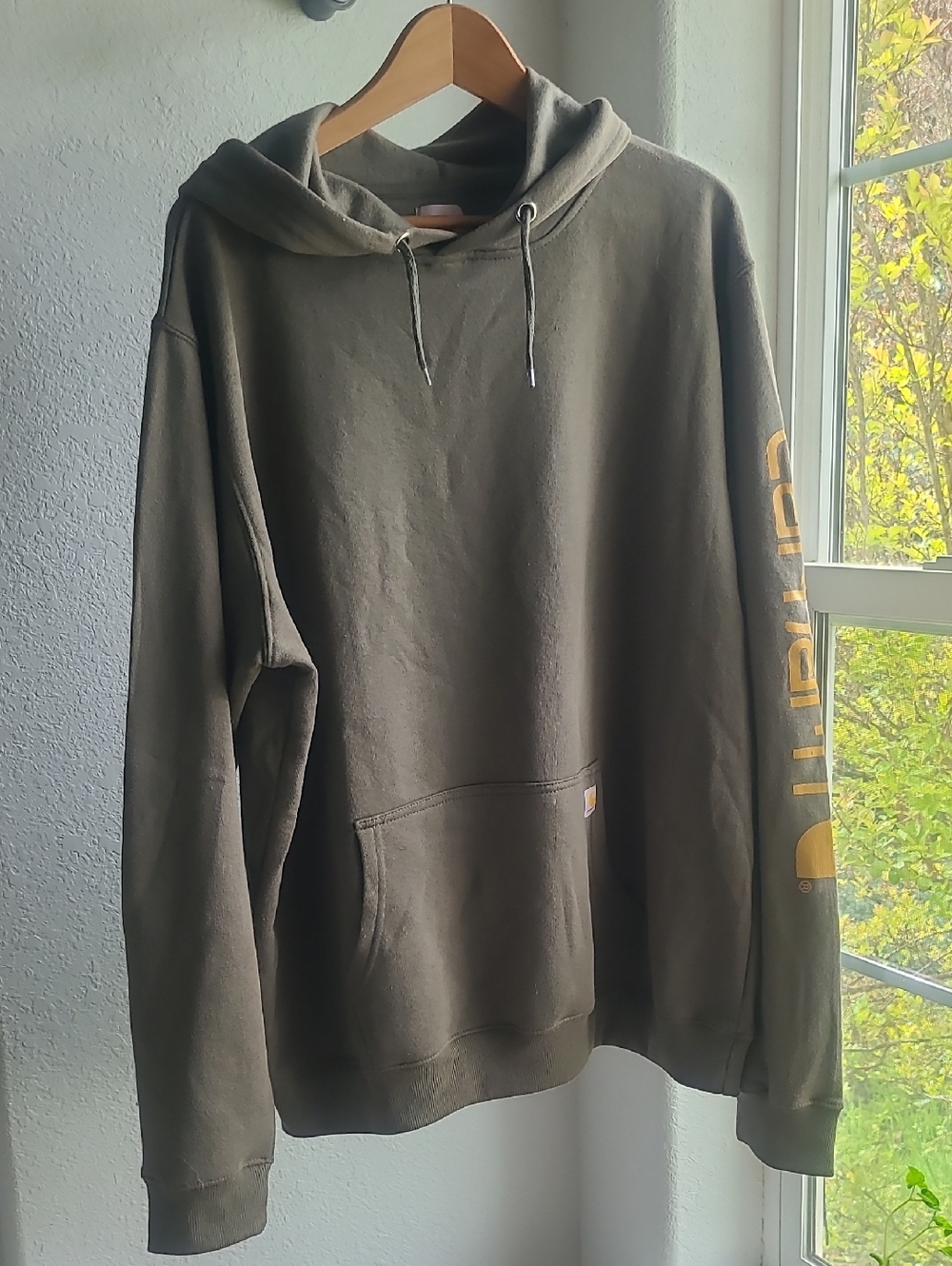 Carhartt Men's Hooded Sweatshirt in Olive with Sleeve Logo - Picture 5 of 5